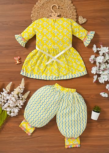 Image of Baby Girls Yellow Ethnic Clothing Set, Mirror Work Embroidered Frock with Zigzag Print Pants, Comfortable Cotton Outfit for Kids