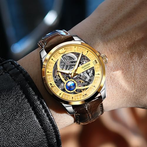 Image of OUPINKE Skeleton Mens Automatic Watches Mechanical Luxury Dress Leather Self Winding Waterproof 50M /5ATM Luminous Watches for Men