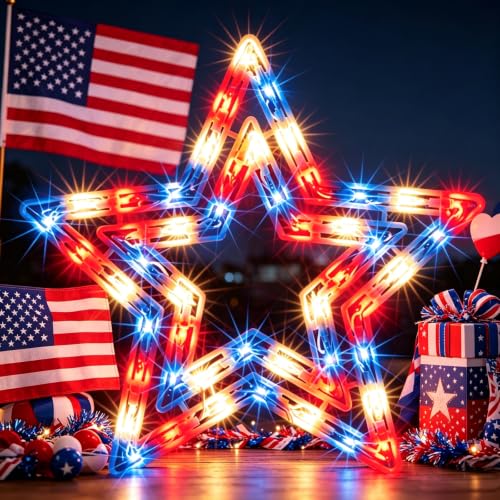 GLOWNOVA 50 Lights Lighted Red White and Blue 4th of July Star Window Silhouette Decoration
