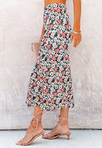 Image of HERBATOMIA Women's Floral Print Midi Skirt Casual High Elastic Waist Zipper Vintage Long Boho Skirts for Women