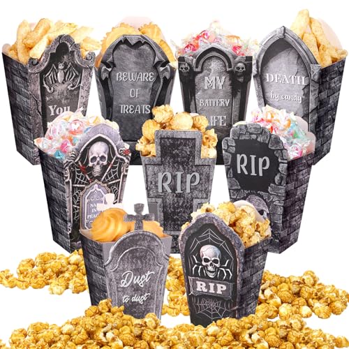 Image of Weekgrat 90 Pcs 9 Styles Halloween Tombstone Popcorn Boxes Cardboard Popcorn Bags Snack Boxes Treat Bags for Candy Biscuits Party Favors