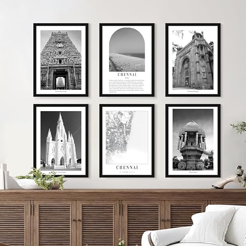Image of PAINTINGMANTRA Framed Painting A3 Chennai Wall Art Prints Pack of 6, Heritage Landmark Framed Wall D cor,Famous Temples, Historic Monuments, Photos for Living Room,Bedroom,Office Decoration (32x44 cm)