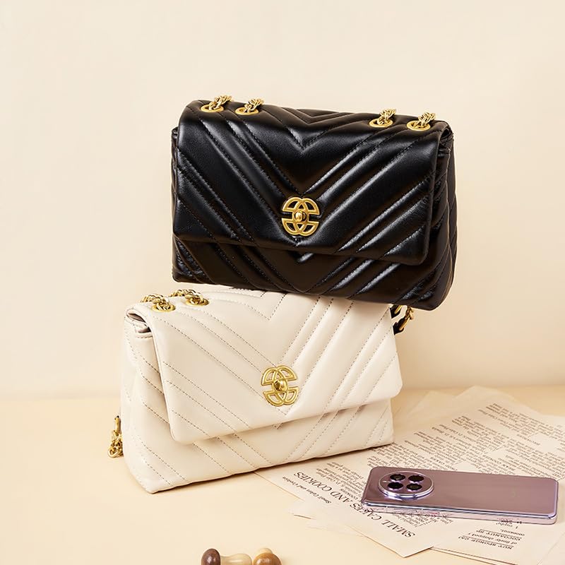 Leather Shoulder Bag for Women with Quilted Chain Strap, Cowhide Small Square Bag3