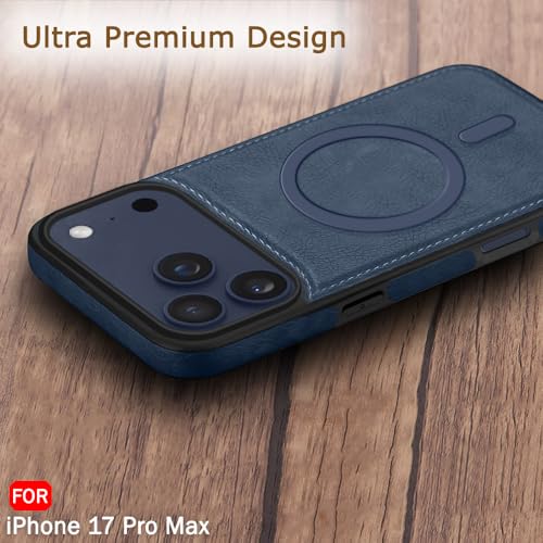 Image of TheGiftKart Genuine Leather Finish Back Cover Case for iPhone 17 Pro Max | ShockProof Design | Raised Edges for Camera & Screen Protection | Stunning Minimalist Design Cover (MagSafe Compatible, Blue)