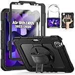 SEYMCY Case for iPad Air 5th/4th Generation 10.9 inch 2022/2020, Full-body Shockproof with Screen Protector, 360° Rotating Stand & Hand Strap, Carrying Strap, Pencil Slot, Black
