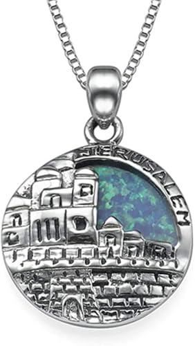 Collar de disco de Jerusalén grande en plata de ley 925 con piedra de ópalo - Colgante Judaica Jewelry
