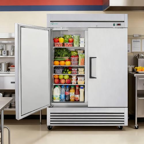 Image of 54 inch W Commercial Refrigerator 49 Cu.Ft Stainless Steel 2 Door Reach-in Fridge, 32-37℉ Precise Air Cooling Beverage Cooler with LED Light, 6 Shelves, R290 Compressor, ETL Certified for Supermarket Bar