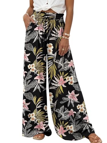 LILLUSORY Women High Waist Palazzo Pants with Pockets Black Print M
