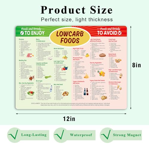 Low Carb Food Guide Fridge Magnets Low Carb Food Cheat Chart, Beginner’s Low Carb Diet Quick Guide with Meal Plan Refrigerator Magnets,Healthy Food List, Diabetic-Friendly Reference Magnet,8x12in