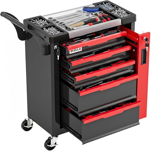 AIRAJ 5-Drawers Tool Chest Lockable Tool Box on Wheels Tool Cart with Hidden Side Cabinet Heavy-Duty Metal Tool Cabinet for Garages Workshops Warehouses Red and Black.