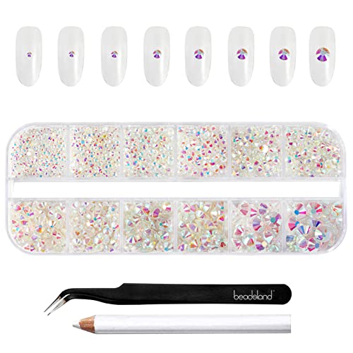 Beadsland Rhinestones for Makeup,8 Sizes 2500pcs Crystal Flatback Rhinestones Face Gems for Nails Crafts with Tweezers and Wax Pencil,Transparent AB,SS4-SS30