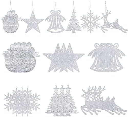 Songjum 24 PCS Silver Christmas Hanging Ornaments, Christmas Glitter Snowflake Reindeer Ornaments Tree Decoration for Winter Wonderland Christmas Tree