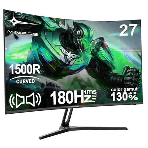 Minifire 27 Zoll Curved Gaming Monitor | 1500R Krümmung, 180Hz 1ms, 130% sRGB FHD 1080P, Lautsprecher, Eye Care, HDMI/DP, VESA Kompatibel（MFG27C1）