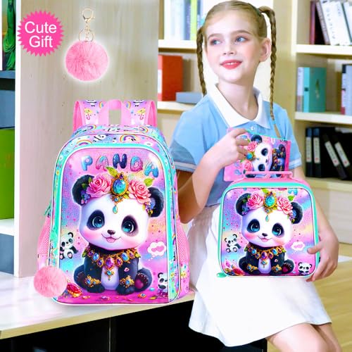 Image of 3Pcs Girls Backpack, 16 inch Kids Bookbag with Lunch Box,Panda School Backpacks for Elementary Preschool Kindergarten (Pink)