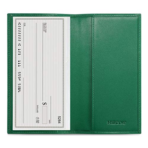Image of HISCOW Slim Leather Checkbook Cover for Personal Checks, Premium Green, One Size