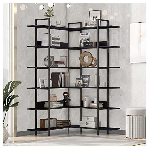 Merax 6-Tier Corner Bookshelf L Shaped Bookcase, Open Large Vintage Industrial Storage and Display Shelves with Metal Frame for Home Office, Black