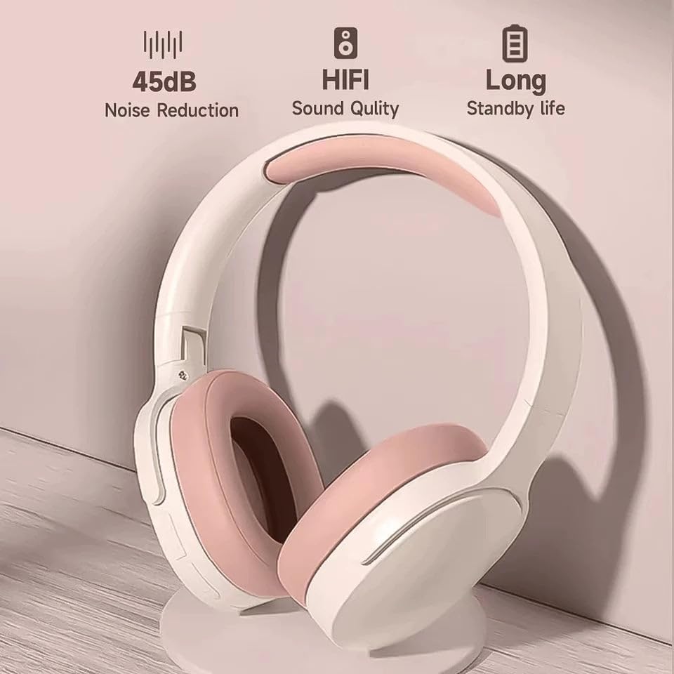 Headphones highlighting noise reduction, HIFI sound, and long standby life