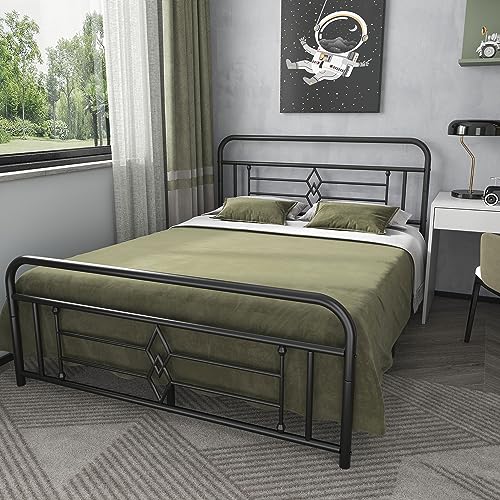 Bigbiglife Queen-Size Vintage Metal Platform Bed Frame With Headboard & Footboard, Under Bed Storage, No Box Spring Needed, Easy Assembly, Black #TOP19