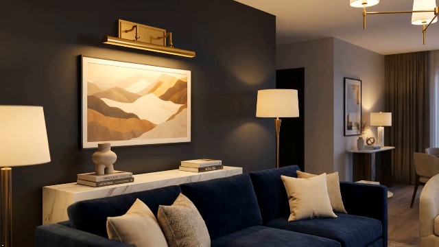 Image of BELS 24 Inch Picture Light for Wall, Gold Hardwired Wall Art Light with Marble Lampshade,270 Rotatable, Dimmable, Picture Frame Lights for Painting Gallery Living Room Bedroom