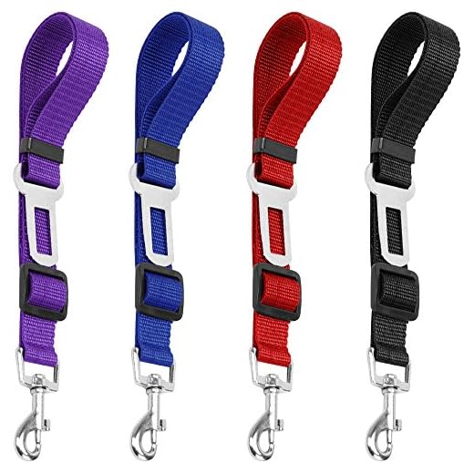 4 Pack cinturón de seguridad ajustable perro de mascota gato, yucool seguridad Leads vehículo coche arnés asiento Tether, nailon textil negro, azul, rojo, morado