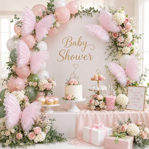 8 Pcs Large & Small Pink Butterfly Decorations, 3D Silk Butterflies Wall Decor with 3 Big 20 Inch & 5 Small 12 Inch Butterflies for Wedding, Baby Shower, Birthday Party, Nursery & Event Decoration — view 3