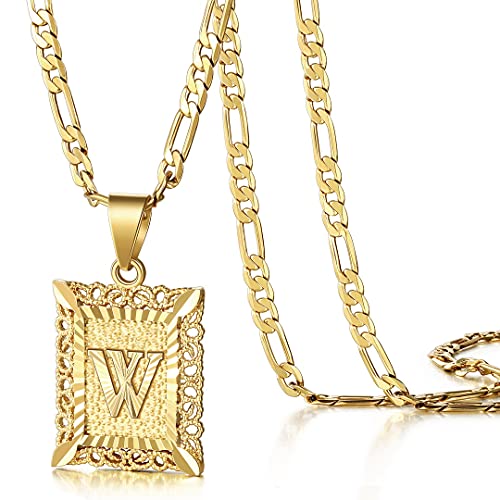 KissYan Initial Letter Pendant Necklace for Men Women, 14K Gold Plated Square Capital Monogram Necklace Alphabets from A-Z Figaro Chain Jewelry (Gold, W)