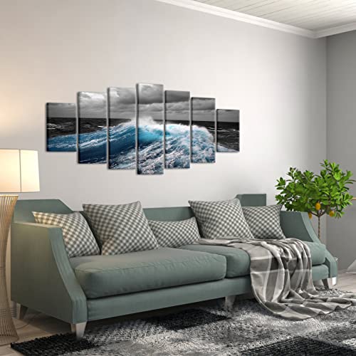 Levvarts Xlarge 7 Piece Ocean Waves Wall Art Black And White Blue Seascape Paintings Canvas Prints Sea Beach Pictures For Living Room Home Office Decor Ready To Hang Set Of 7 Panels 70" W X 32" H #TOP3
