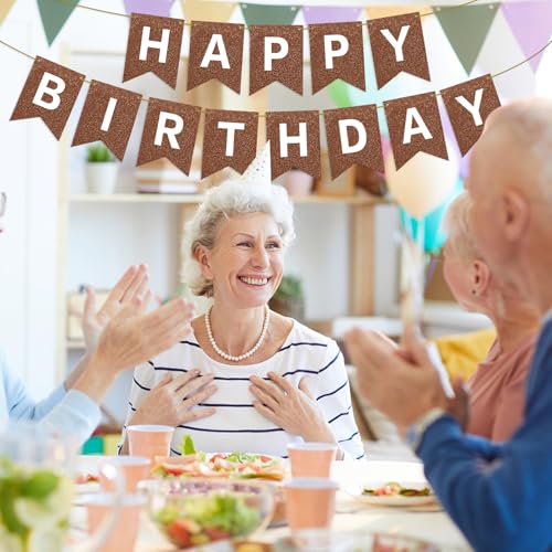 Image of Hooqict Happy Birthday Banner Brown Birthday Party Decorations Backdrop for Kids Adults Celebrations Brown Chocolate Party Banner Sign Wall Porch Door Hanging Garland