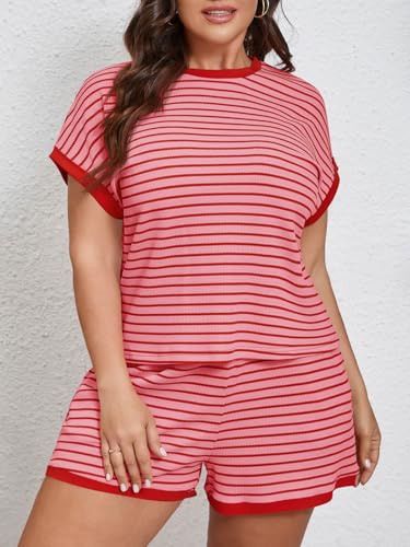 Image of Beautife Womens Plus Size Lounge Set 2 Piece Outfits Stripe Short Sleeve Shirts Tops Shorts Summer Casual Loungewear