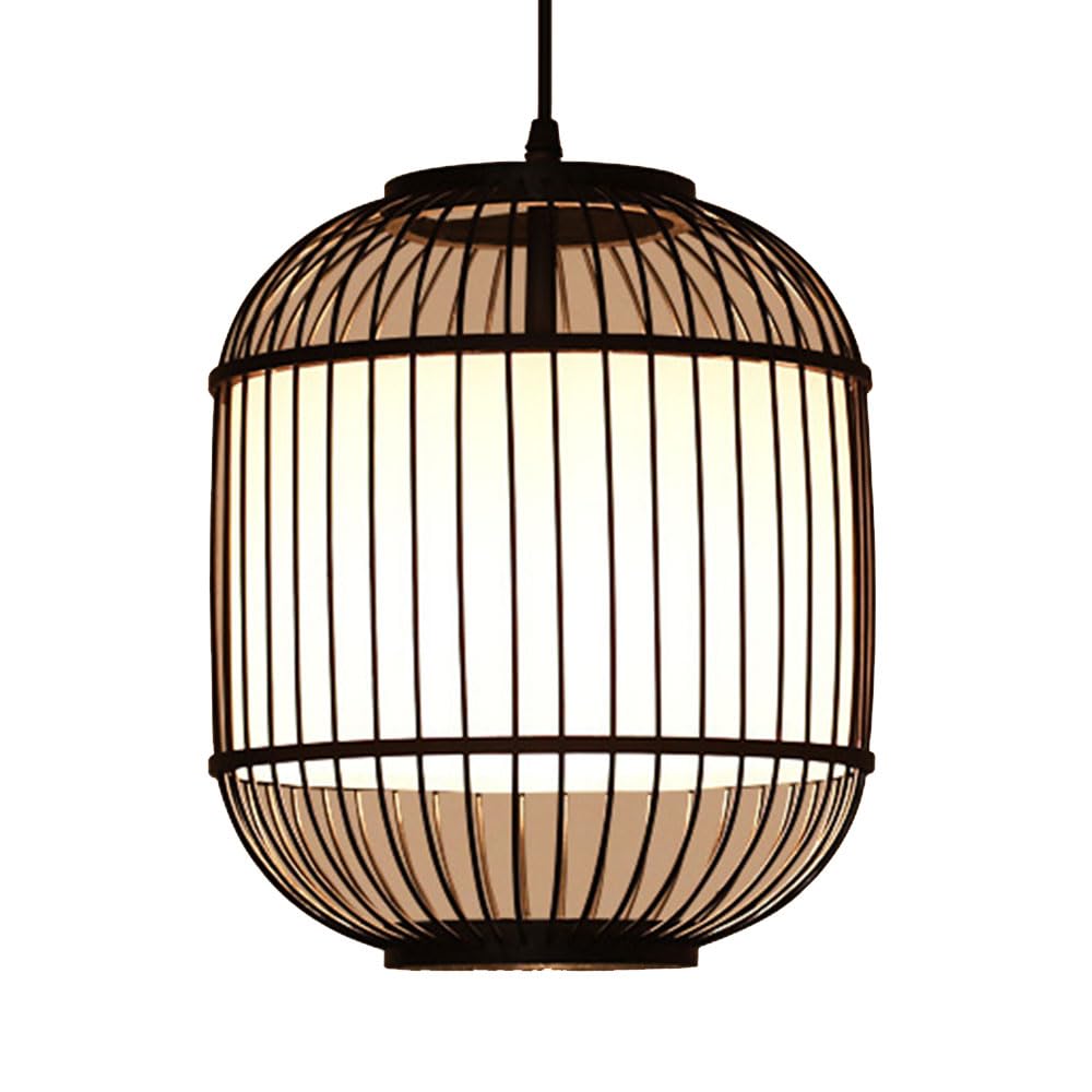 CSSYKV Japanese-Style Pendant Light Zen Style Bamboo Lantern 19.7'' Long Bamboo Birdcage Chandelier with Faux Parchment Lampshade E26 Socket for Kitchen Island Living Room Unique Lightings