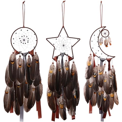Jetec 3 Pcs Dream Catcher Moon Sun Star Design Handmade Traditional Design Craft Ornament Wall Art Hanging Home Decoration Bedroom Wedding(Brown)