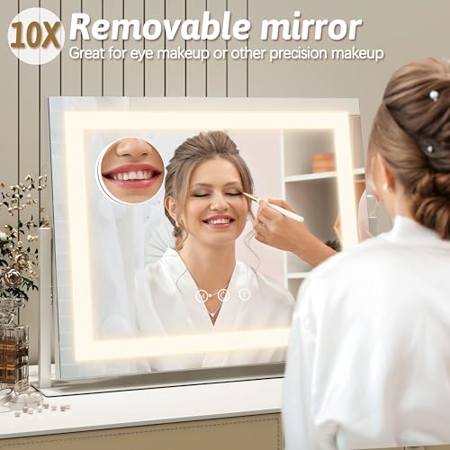 Image of ROLOVE Vanity Mirror with Lights 22 inchx18 inch, Lighted Makeup Mirror with 10X Magnification, Smart Touch 3 Colors Dimmable, 360 Rotation, Women Gift, Dresser Mount, Bathroom (White)