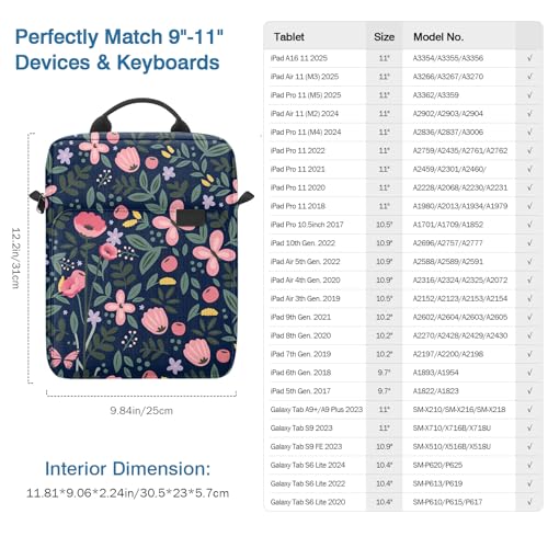 Image of MoKo 9-11 Inch Tablet Sleeve Bag Handle Carrying Case with Shoulder Strap Fits New 11-inch iPad Pro M5 /iPadAir M3, i-Pad 10th 10.9, iPad 9 /8 /7 10.2, i-Pad Air 5 /4th 10.9, Tab S8 /S9 11, Floral Indigo