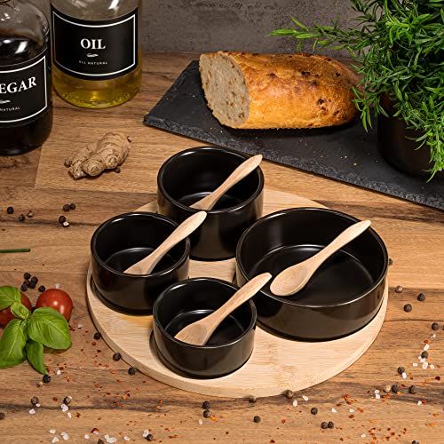 Moritz & Moritz 4X Black Dip Bowl Set with Wooden Tray - Snack Bowls Set Ceramic - Serving Set with Spoons - Image 4