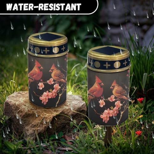 Image of Cardinal Bird Floral LED Solar Lights for Patriotic Landscape Waterproof Solar Power Light Flameless Candle for Cemetery Grave Memorial Decor 2 Pcs