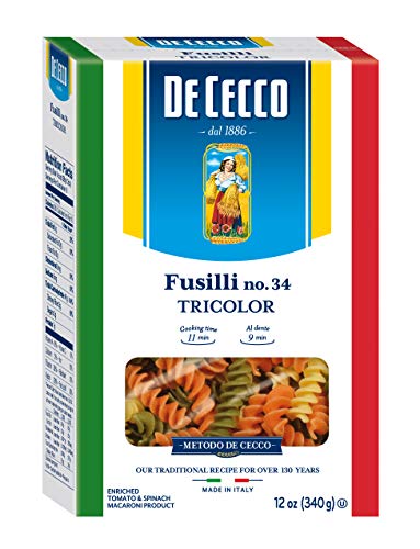 De Cecco Tri-Color Pasta, Fusilli No.34, 12 Ounce (Pack of 12)