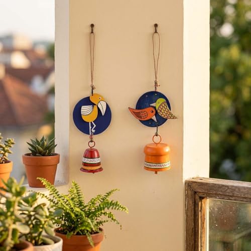 Image of Aakriti Art Creations Chirping Melody Bird Wind Chime Set | Handmade Modern Art Wooden & Metal Wind Chimes | Decorative Indoor & Outdoor Hanging for Balcony, Garden, Living Room & Gifting