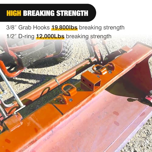 Image of Nilight 3 /8 inch Tractor Bucket Grab Hooks with 1 /2 inch Tie Down Ring and 2 inch Receiver Grade 70 Forged Steel Bolt-On for John Deere Compact Tractor Bucket RV UTV Truck Max 4700LBS, Orange