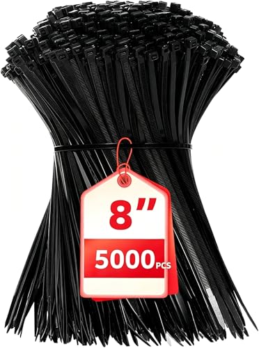Image of Zip Ties 8 inch, 5000 Pack Black Zip Ties, Self-Locking Nylon Cable Ties with 40 lbs Tensile Strength,Wire Ties for indoor and outdoor use.