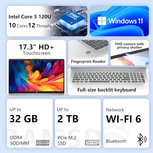 Image of HP Essential 17.3 inch HD+ TouchscreenLaptop, Intel 5 120U, 16GB DDR4 + 1TB