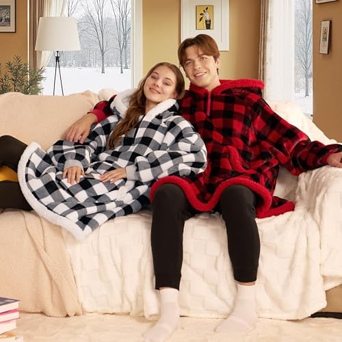Image of Giggling Getup Wearable Blanket Hoodie for Adults Gifts for Teen Girls Sister Women Sherpa Fleece Printed Hooded Blanket Sweatshirt Warm Cozy with Pocket & Sleeves Black Plaid