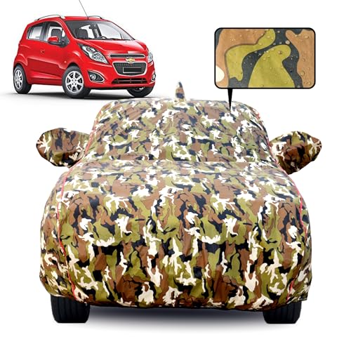 Image of Waterproof Car Body Cover for Chevrolet Beat with Mirror Pocket, Soft Cotton Lining, Triple Stitched, Full Bottom Elastic (Heat Resistant Jungle Print with Red Piping)