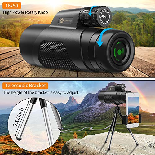 Monocular Telescope - 16X50 High Definition FMC BAK4 【HD Monocular for Bird Watching】 with Smartphone Holder & Tripod IPX7 Waterproof & Eco-Friendly Materials for Camping Travelling Hunting