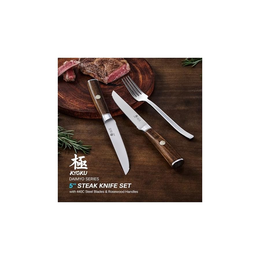 KYOKU-Daimyo-Series-Serrated-Steak-Knife-Set-of-4-Japanese-440C-Stainless-Steel-5-Inch-Steak-Knives-Rosewood-Handles-Mosaic-Pins-with-Sheaths-Case KYOKU Daimyo Series Serrated Steak Knife Set of 4 - Japanese 440C Stainless Steel 5 Inch Steak Knives - Rosewood Handles Mosaic Pins - with Sheaths & Case