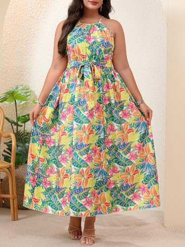 Image of Floerns Women's Plus Size Boho Sleeveless Halter Neck Tie Back A Line Long Dress