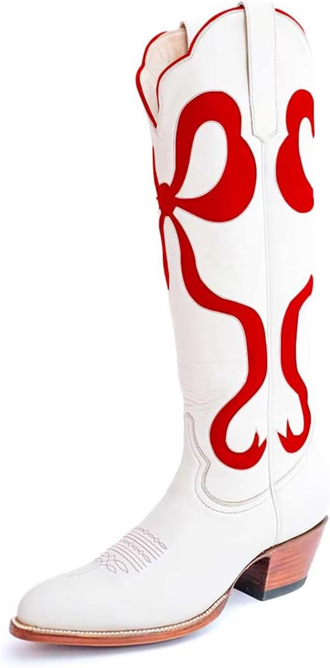 KISSASA Western Cowboy Boots for Women Colorful Bows Classic Embroidered Women Knee High Boots Chunky Heel Pointed Toe Pull On Fashion Tall Boot