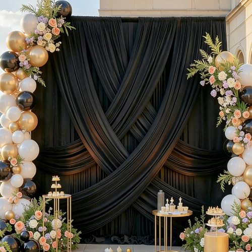 Image of 10x15 ft Black Backdrop Curtain Panels for Wedding Parties, Wrinkle Free Silky Polyester Photo Backdrop Drapes 2 Panels 15 ft Long Back Drop Cloth Drapety for Birthday Photography Background Curtain