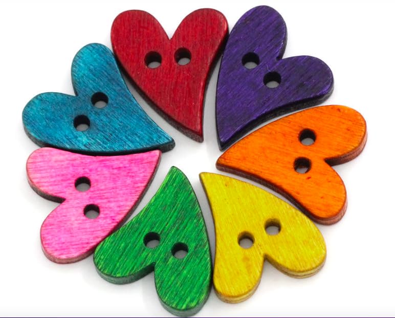 100 Holzknöpfe In Herzform, Bunt, 2-Loch, 15 Mm – Bastelmaterial Zum Nähen, Scrapbooking & Dekorieren