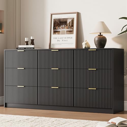 Image of MAISONARIA Black 9 Drawer Dresser for Bedroom, 63 inch Wide Modern Fluted Dresser with Gold Metal Handles, Chest of Drawers for Bedroom, Living Room, Entryway, Hallway