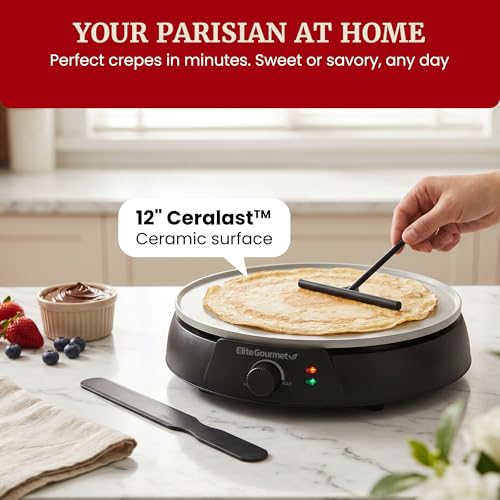 Elite Gourmet 12" Ceralast™ PFAS-Free Ceramic Nonstick Crepe Maker & Griddle, Adjustable Temperature Control, Dual Indicator Lights, Batter Spreader Included, For Crepes, Pancakes & Quesadillas, Black by Elite Gourmet - Image 2
